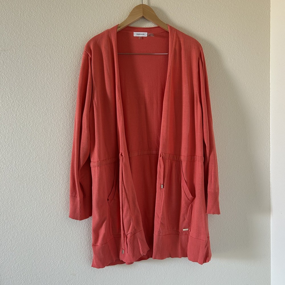 Calvin Klein Women's Long Sleeve Sweater Cardigan Coral Open Front w/ Pockets XL