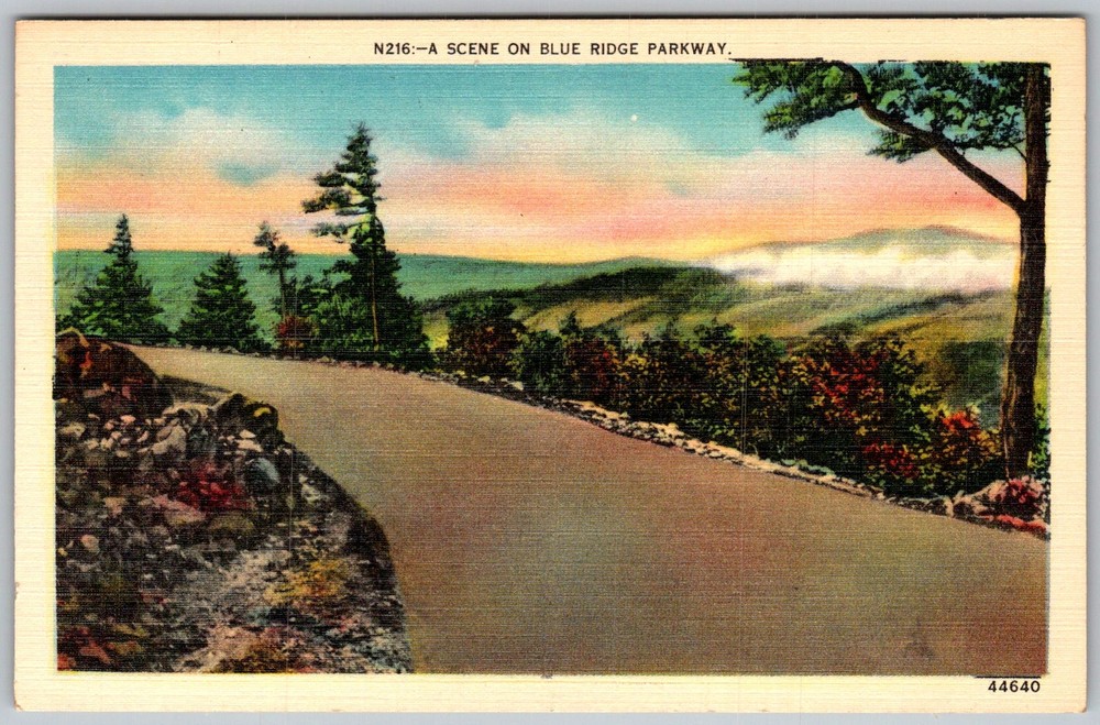 Vtg Linen Postcard Blue Ridge Parkway Overlook Asheville, NC 1940s