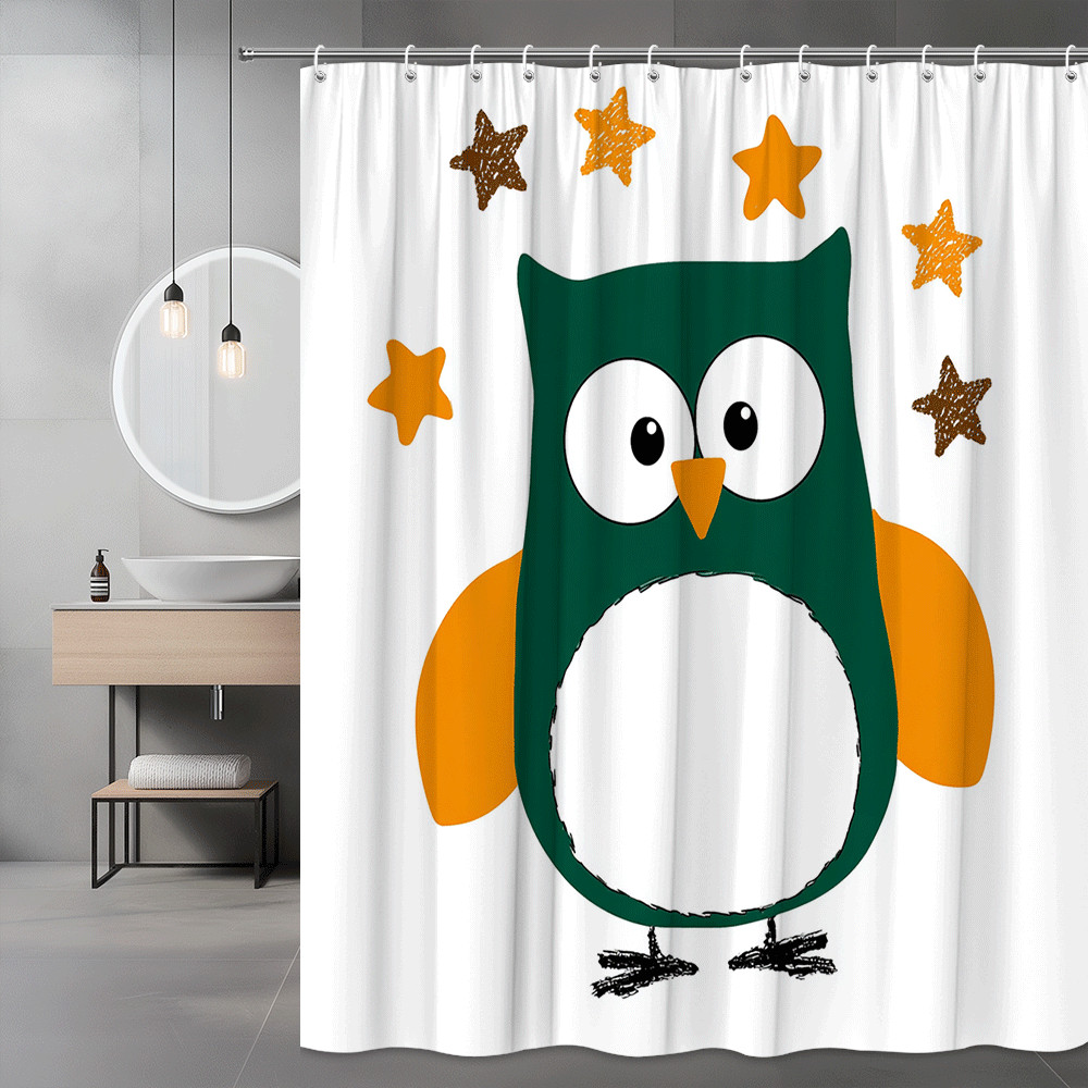 Cute Owl and Stars Shower Curtain, Kids Cartoon Bird Print