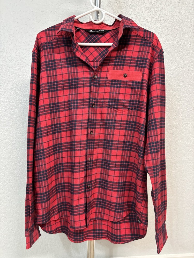 Under Armour Men's L Red Navy Plaid Flannel Cotton Long Sleeve Button-Up Loose