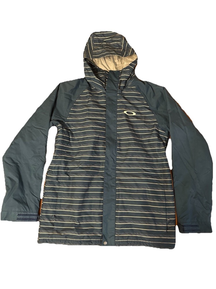 Oakley Jacket Men Large Striped Green Long Sleeve Anorak Fit Ski Hood Flap