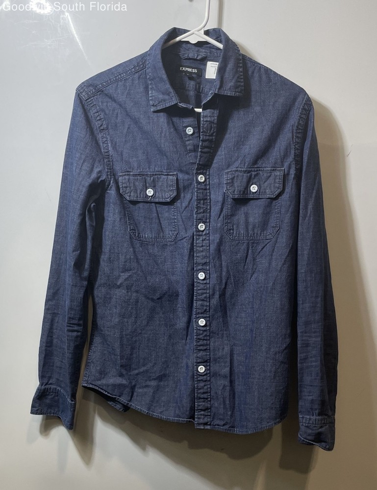 Express Mens Blue Cotton Long Sleeve Collared Button-Up Shirt Size Small