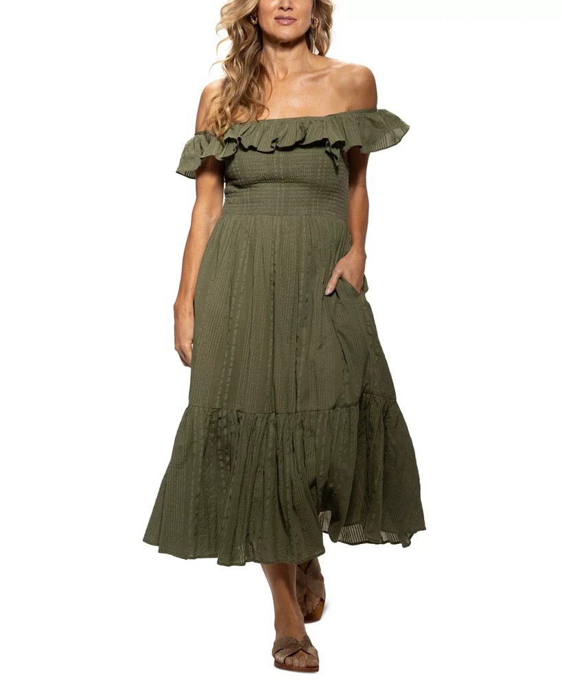Dotti Women's Cotton on/Off-the-Shoulder Cover-up Dress Olive Size M 0638