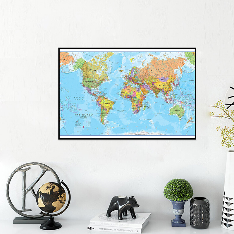 Multi-sizes English World Map Atlas Pictures Canvas Poster Office Wall Art Decor