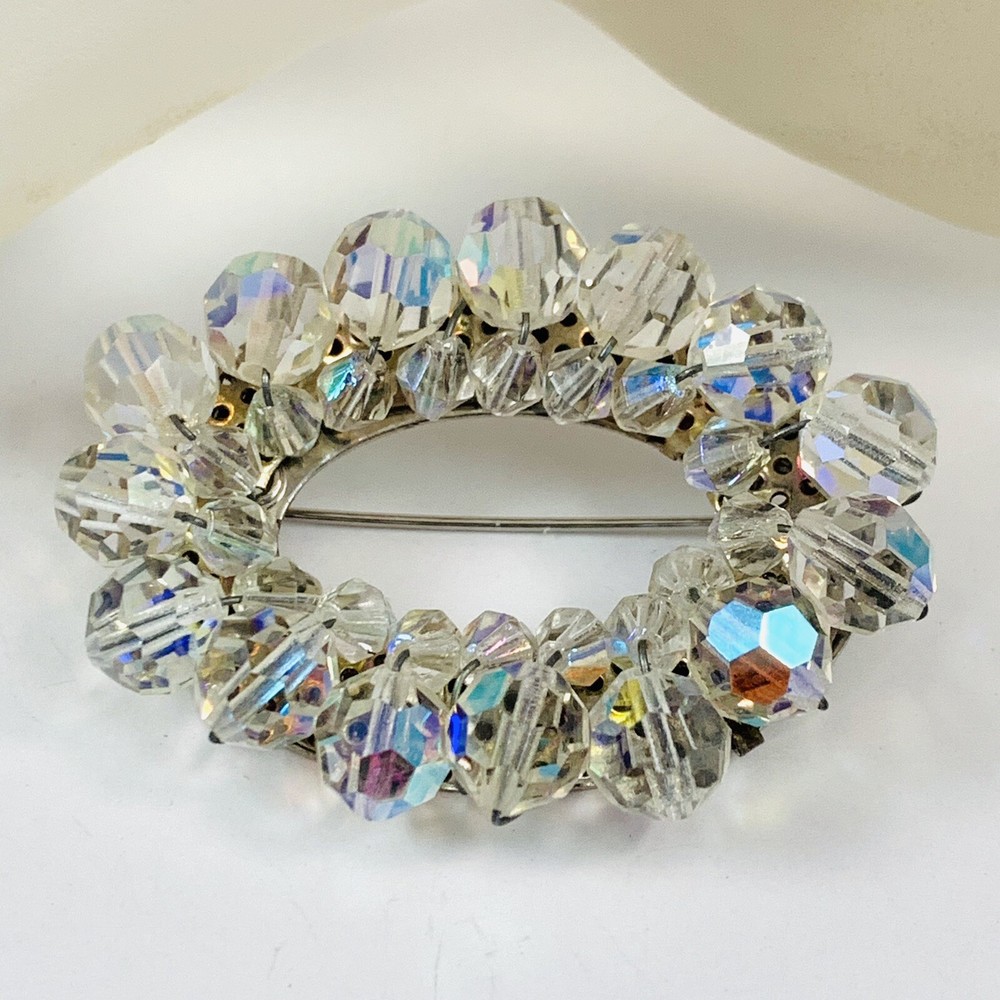 Vintage AURORA BOREALIS Crystal Beaded Cluster Oval Silver Tone Brooch Pin