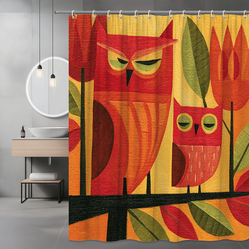 Owl Shower Curtain Orange Red Leaf Print