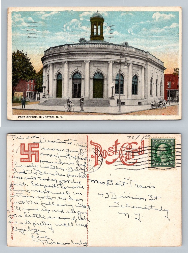 Kingston, NY-New York, Post Office Round Columned Bldg Vintage c1922 Postcard