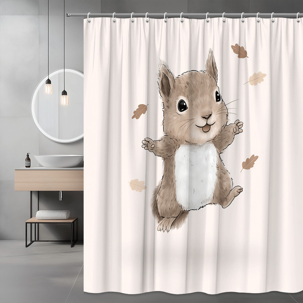 Cute Squirrel Shower Curtain with Leaves Print