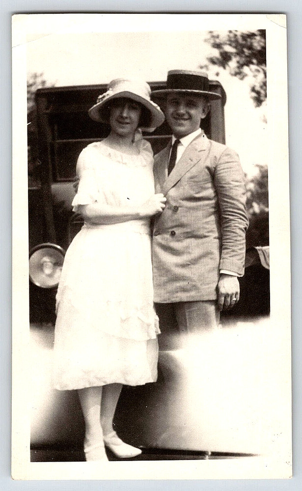 Vintage Photo Old Antique Picture Car Woman Lady Dress Man Suit Coat Hat