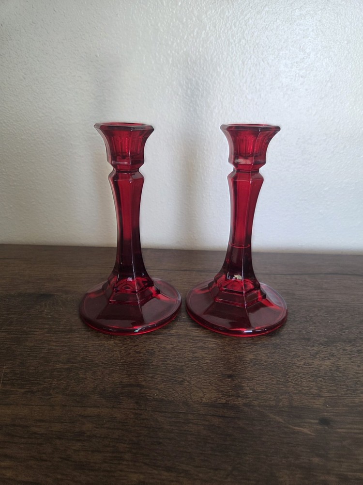 Vintage Ruby Red Pressed Glass Candlesticks Pair 6
