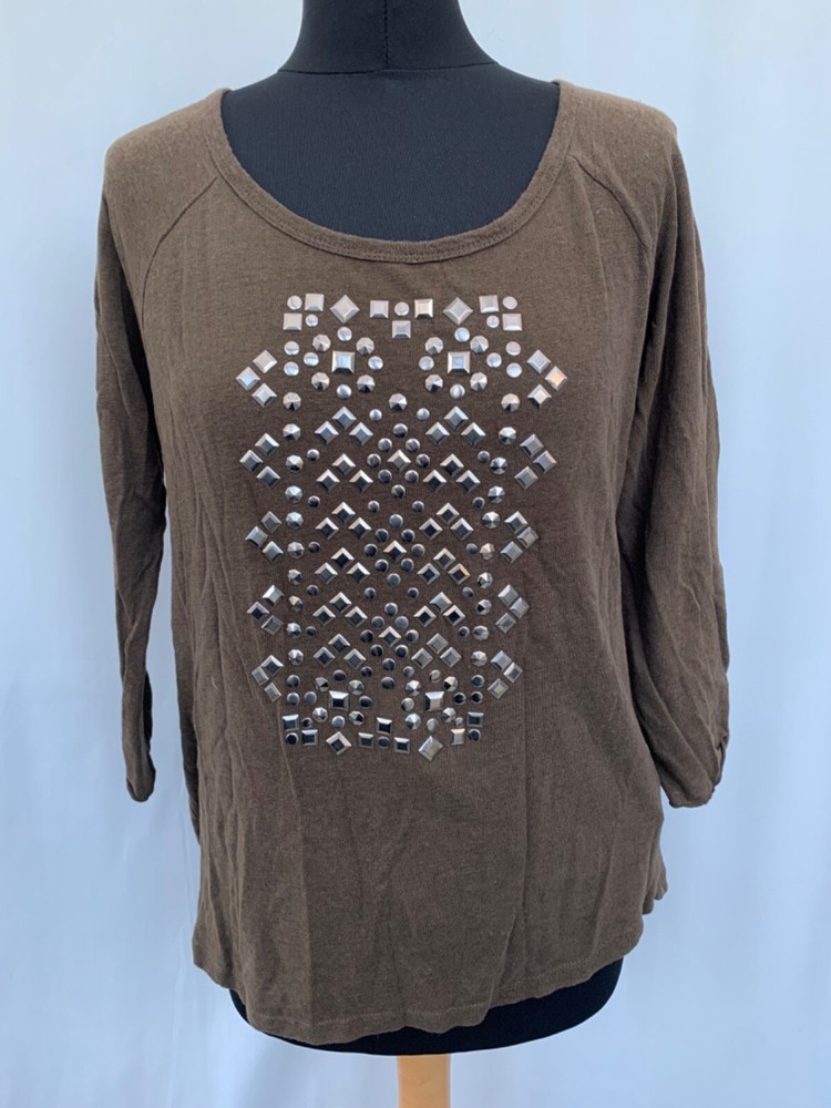 Zara Womens Green Cotton Blend Stud Detail T-Shirt Size M