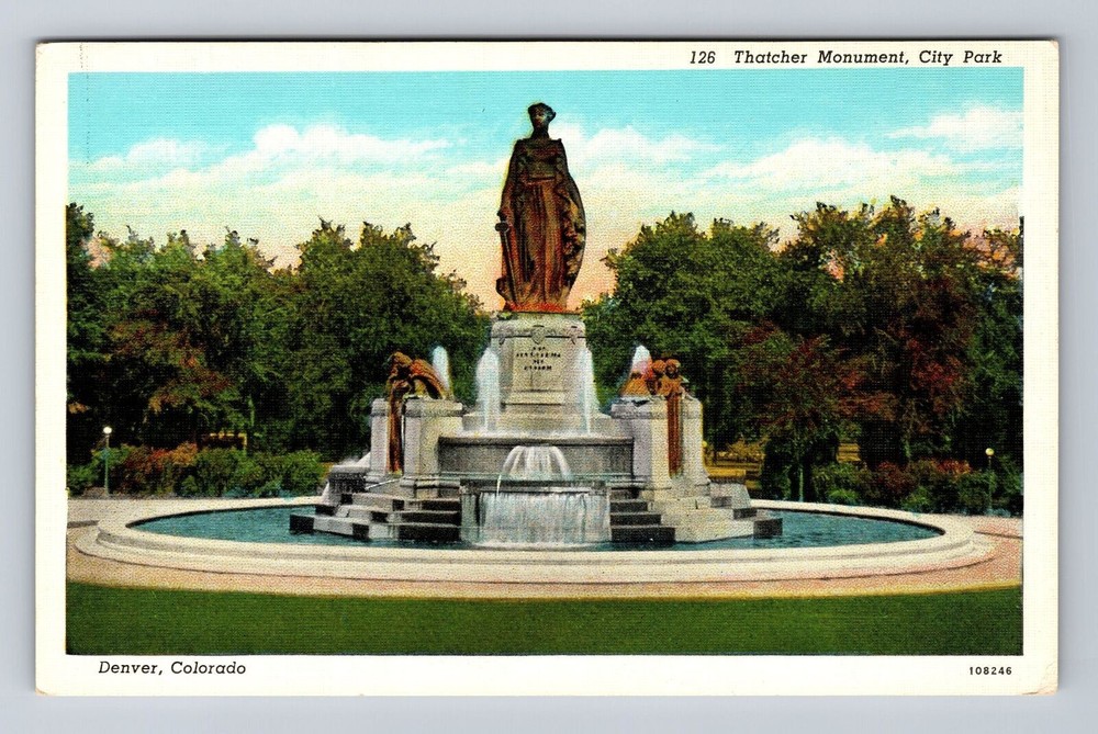 Denver CO-Colorado, Thatcher Monument, City Park, Antique, Vintage Postcard