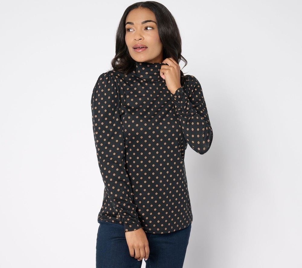 Denim & Co. Women's Top Sz 2XS (XXS) Printed Modal Turtleneck with Black A666891