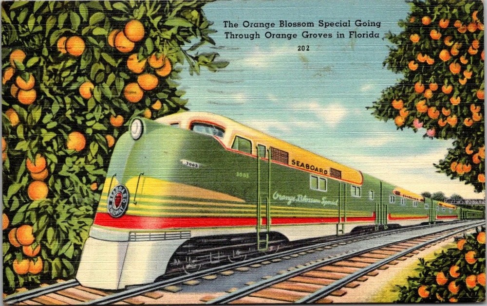 Orange Blossom Special Train Florida Orange Groves Linen Postcard 1947 Posted