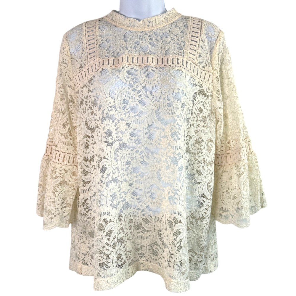 Boho Romantic Lace Top Sz M Bell Sleeve Cream Sheer Cottage Regency Fairy