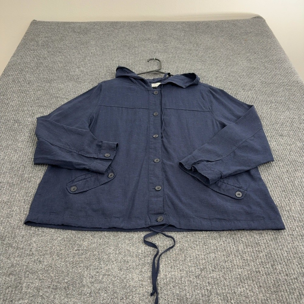 CJ Banks Hooded Shirt Womens 1X Navy Blue Linen Blend Button Up Casual Style