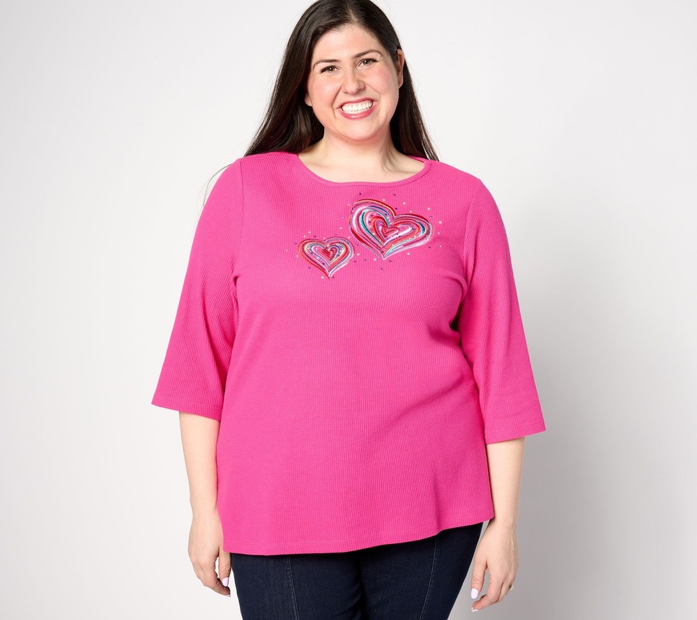 Quacker Factory Women's Top Plus Sz 1X Love isthe Air Waffle Sleeve Pink A632458