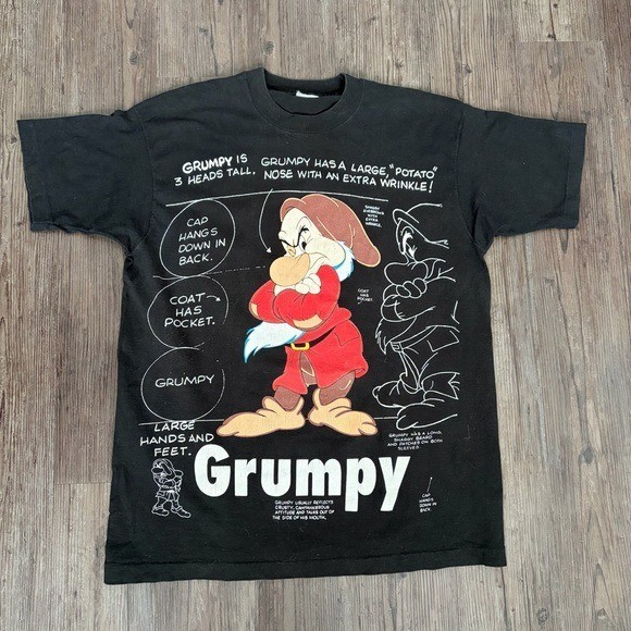 VINTAGE 90s SINGLE STITCH GRUMP SNOW WHITE SEVEN DWARFS T-SHIRT BLACK MEN’S XL