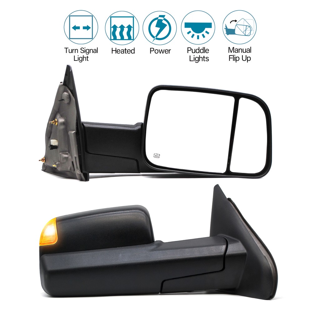 Tow Mirrors Power Heated Signal Light For 2004-2008 Dodge Ram 1500 LH RH Black