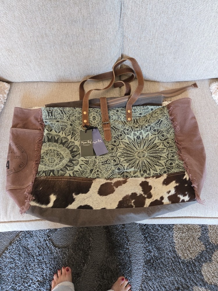 Myra Bag Canvas Leather XL Weekender Tote Green Floral Print Cowhide Hair NWT