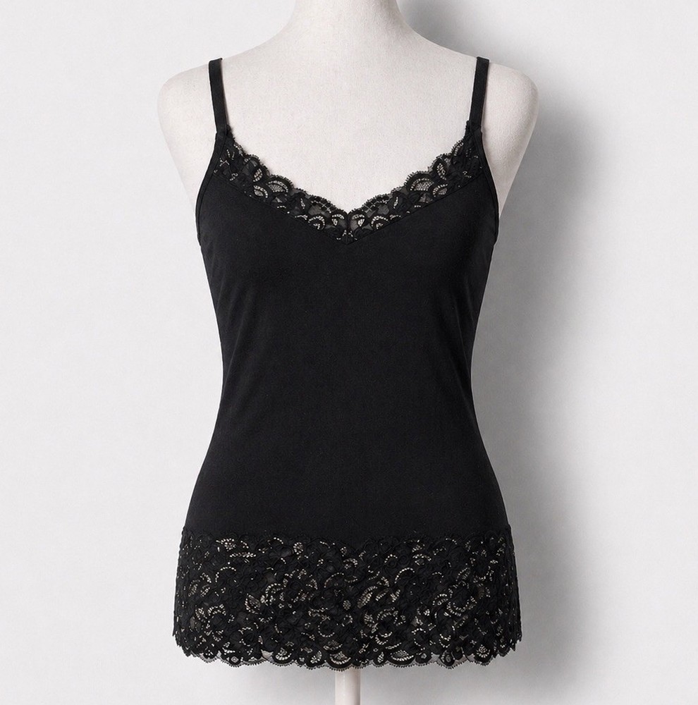 The Limited Black Lace Trimmed Cami Sz M w Silver Metallic Thread Y2K VTG 2000s