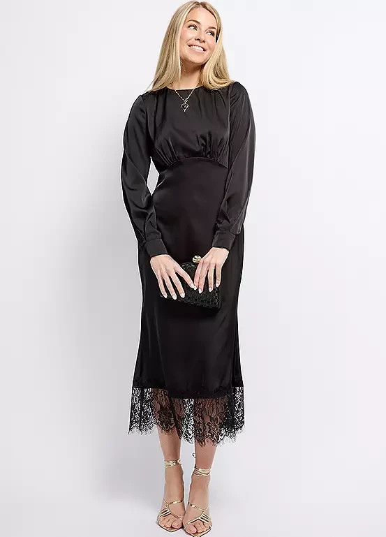 Little Mistress Black Satin & Lace Midaxi Dress  UK 14  (fm203-1)