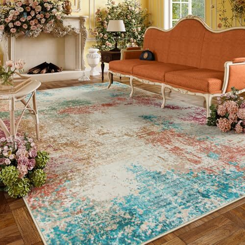 Abstract Washable 9x12 Colorful Living Room Rug Low Pile Area Rug-image