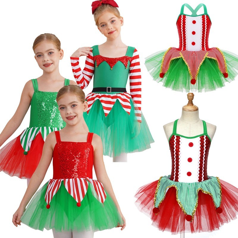 US~ Kids Girls Sequin Tutu Christmas Holiday Santa's Elf Costume Xmas Dress