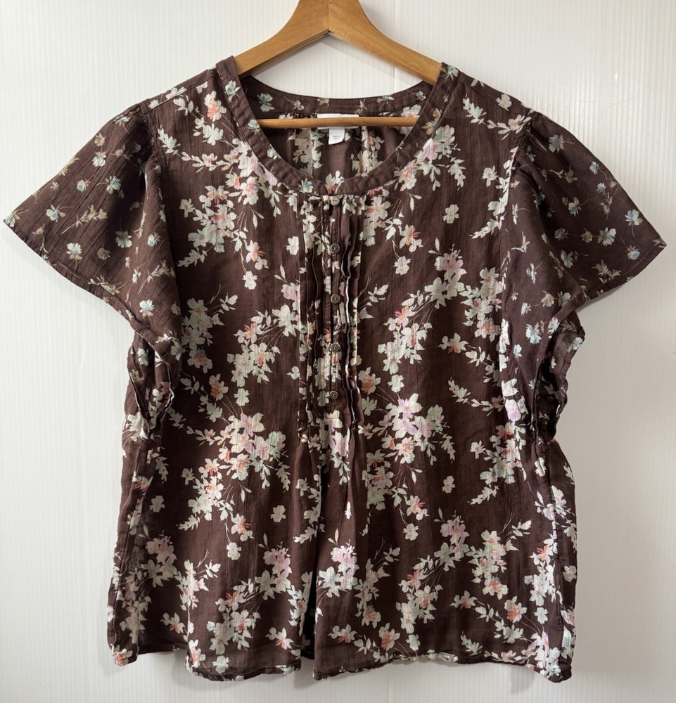 J. Jill Women's Size XL Pintucked Voile 100% Cotton Top Blouse Brown Floral