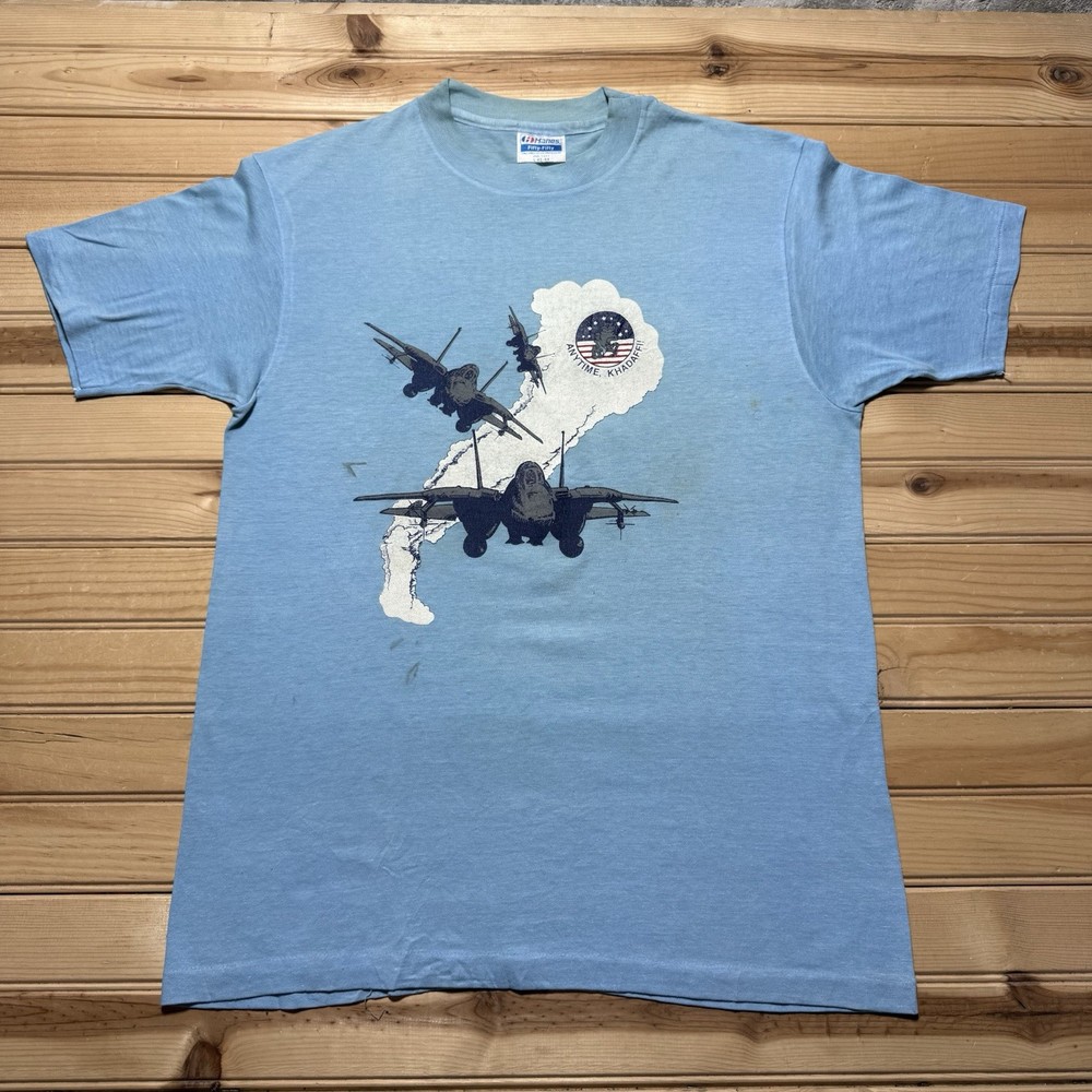Vintage 80s USA Military Army Navy Air Force Anytime Jets Plane War Shirt Large