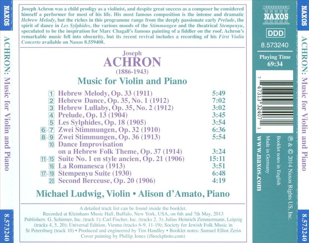 Michael Ludwig / Alison D'amato Joseph Achron: Music For Violin And Piano New Cd