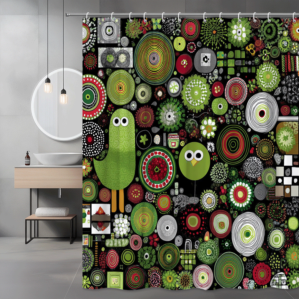 Abstract Floral Circles Shower Curtain Green Black