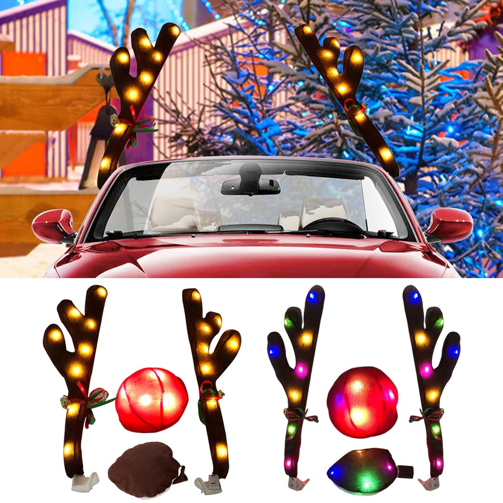Car Christmas Reindeer Antlers & Nose Decoration Set with LED for SUV Van Truck