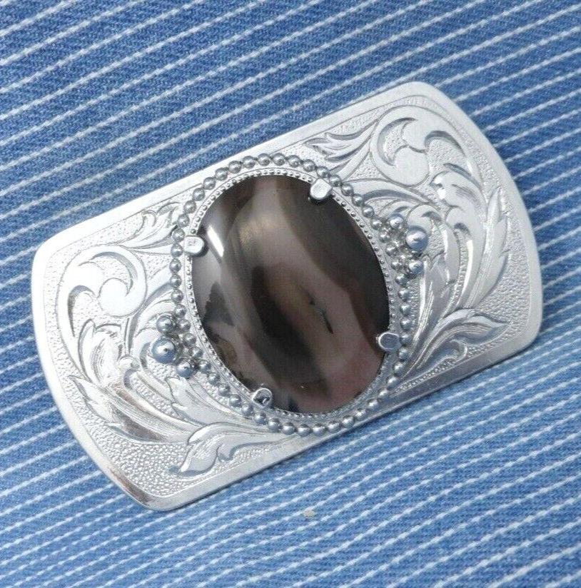 Classic Western Dress Belt Buckle Black White Agate Stone Mount Vtg 80s  .BMW781