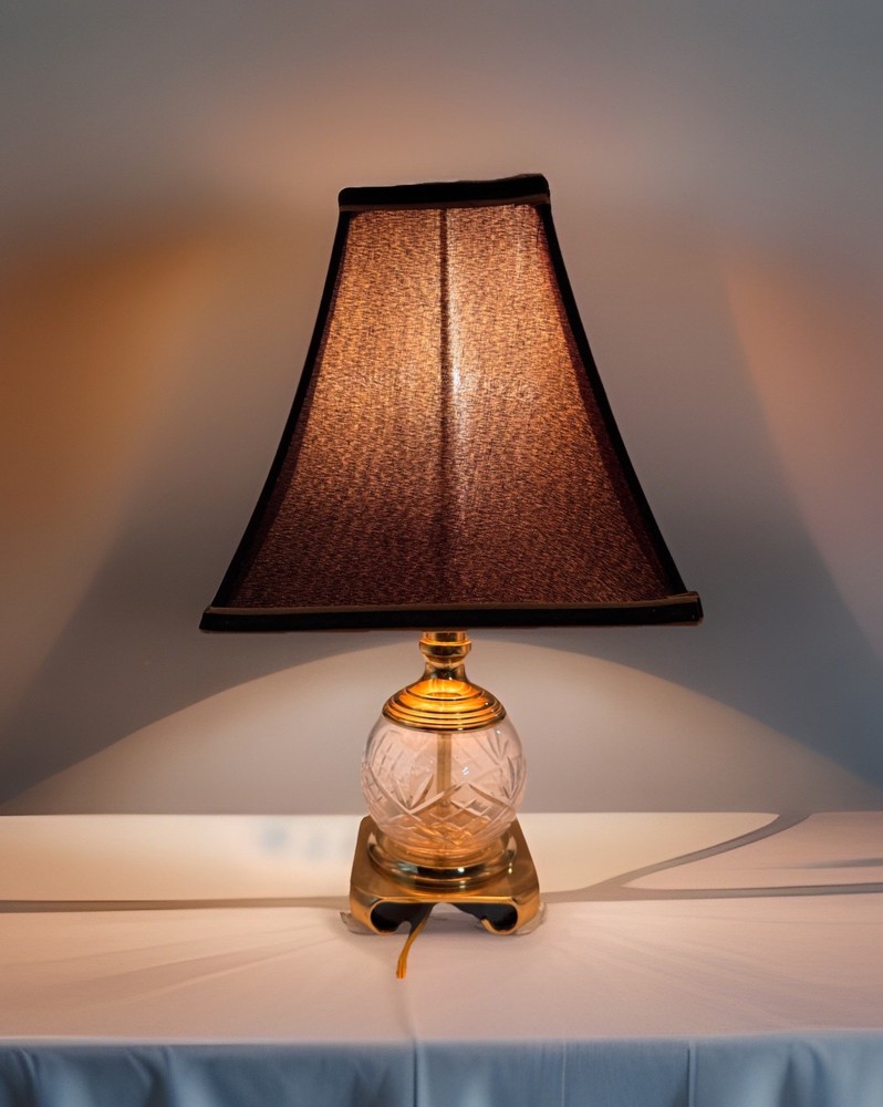VTG Cut Crystal Brass Table Lamp Black Shade Hollywood Regency Style 16” Elegant