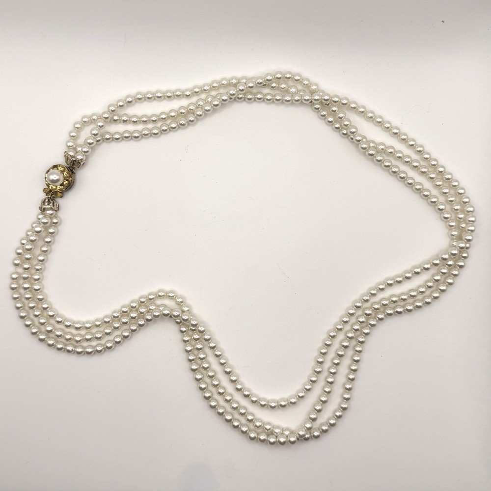 Vintage 3 Strand Faux Pearl Necklace Multi Strand Beaded Choker Retro Costume