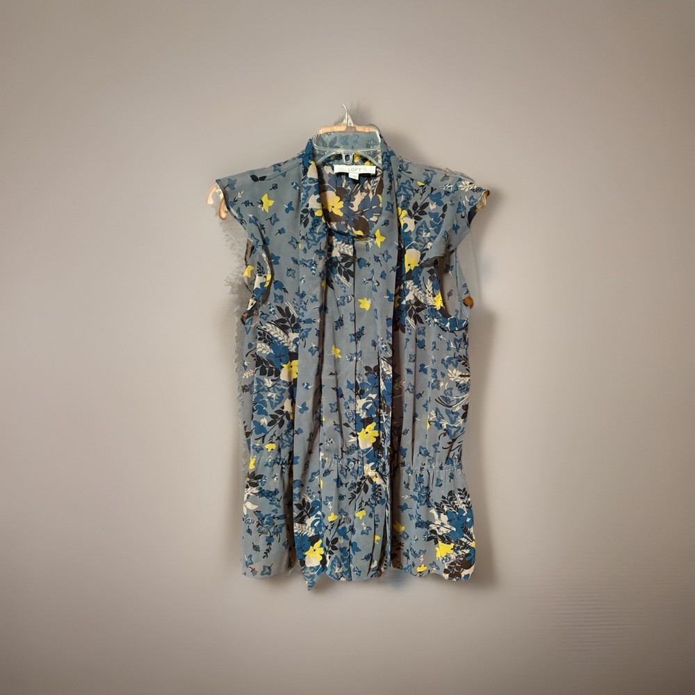 LOFT Gray Blue Floral Sleeveless Ruffled Blouse Tie Neck Peplum Top - Size M