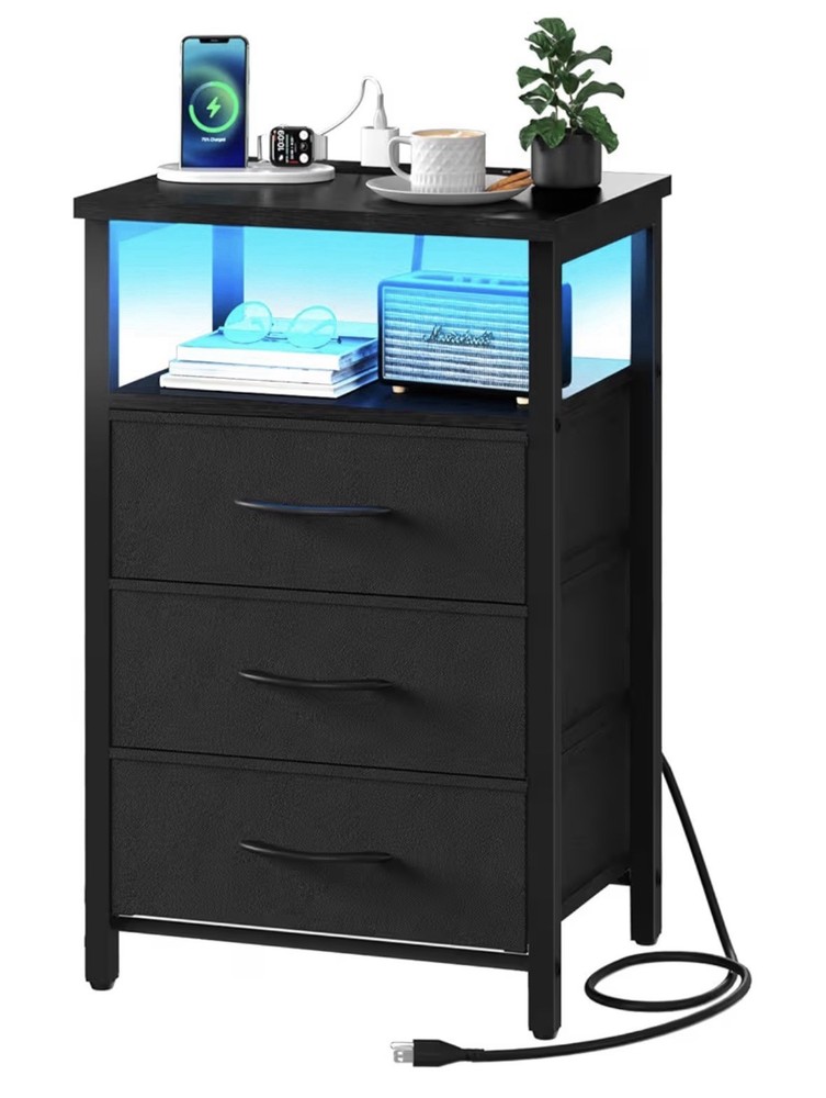3 Drawer Night Stand W/Charging Station, 16 Colors LED with USB Ports