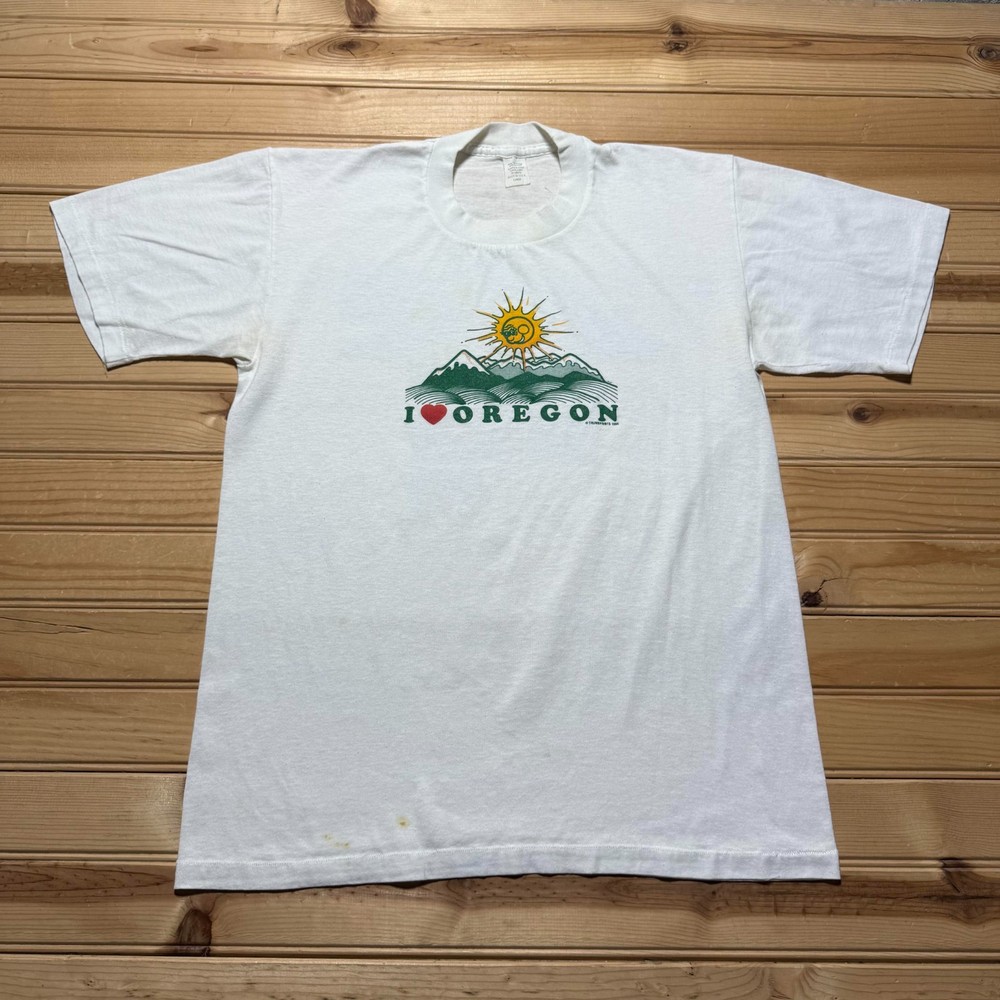 Vintage 1984 I Heart Oregon Sun Mountain Nature Graphic Souvenir Shirt USA Large
