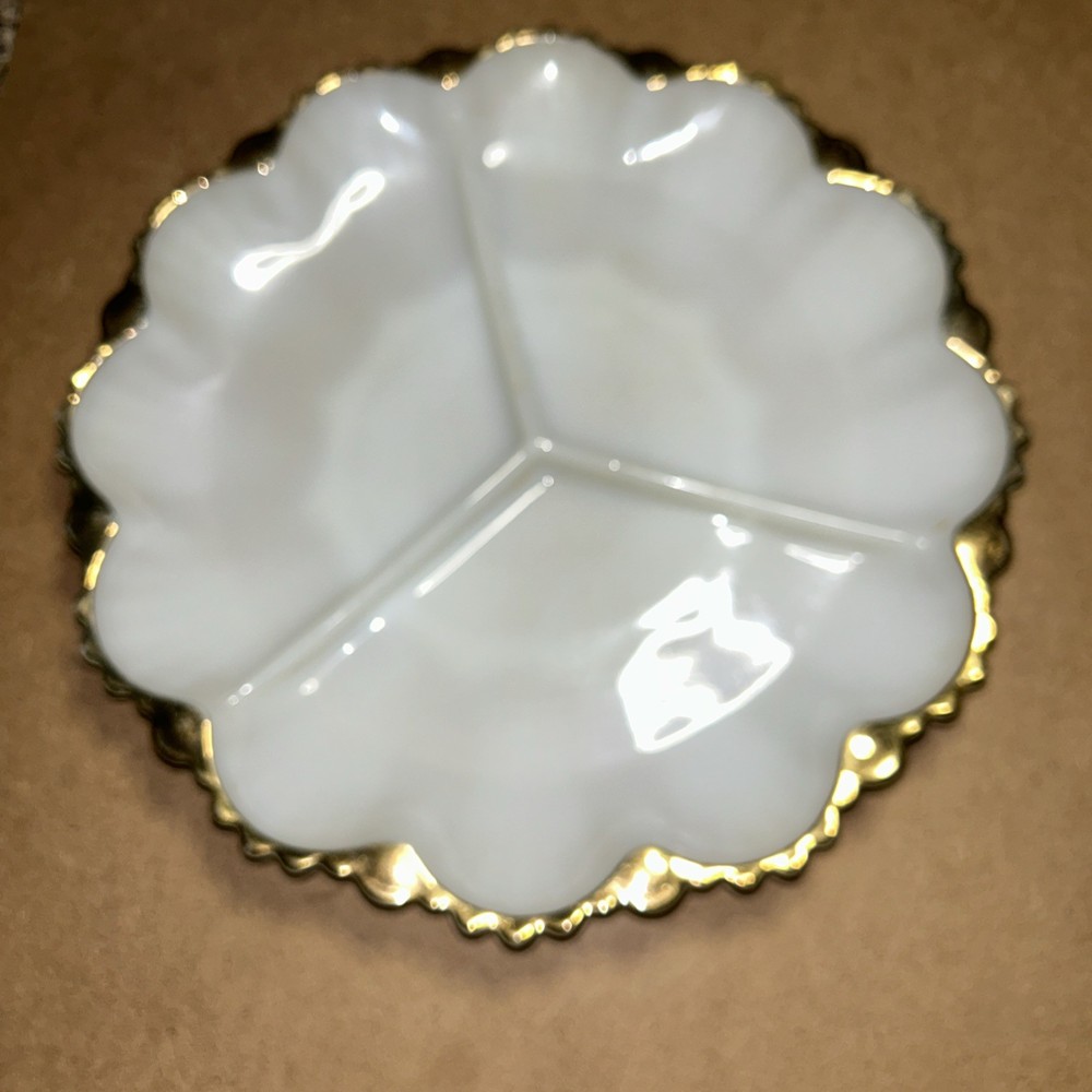 Anchor Hocking Fire King Milk Glass 3- Divided Serving Plate, Gold Trim NICE
