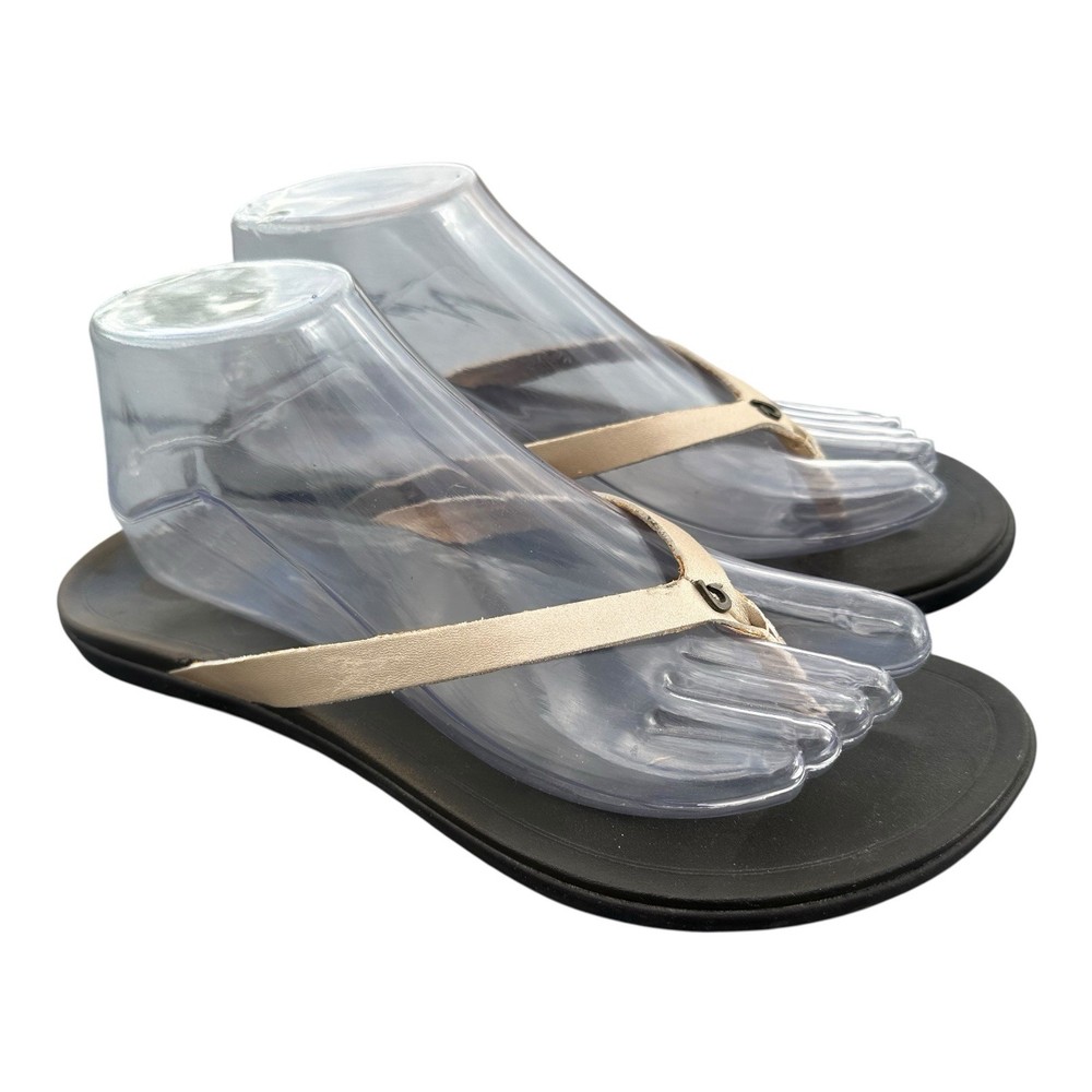 Olukai Ho'opio Dark Java Metallic Beige Leather Thong Flip Flop Sandals Size 9