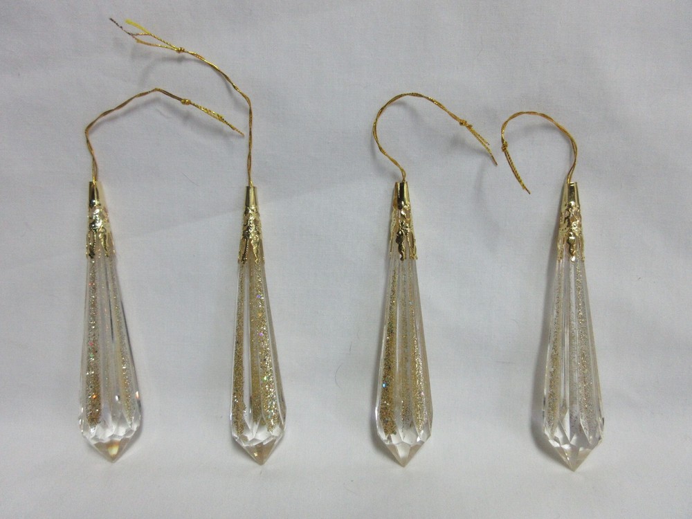 4 Clear Acrylic Tear Drop Prisms Ornaments Gold Accent Christmas Tree 4.5