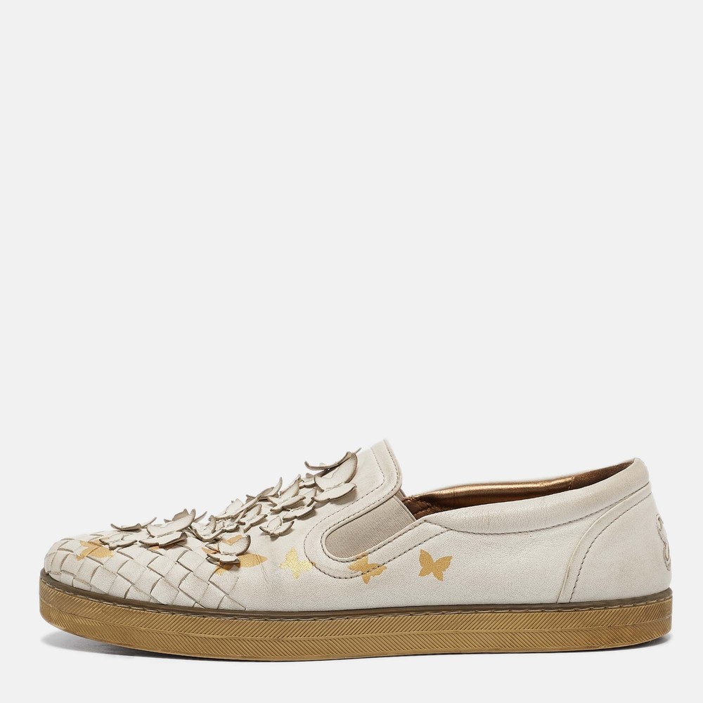 Bottega Veneta White Intrecciato Leather Butterfly Embellished Slip On Sneakers