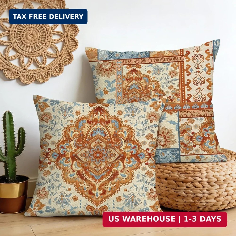 Bonhause Boho Throw Pillow Covers 18x18 Inch Set of 2 Vintage Bohemian Carpet Pa