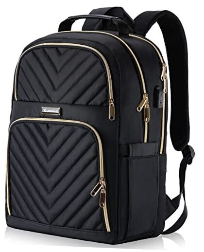 Quilted Black Travel Laptop Backpack for Women Teens 15.6 Inch School Bag