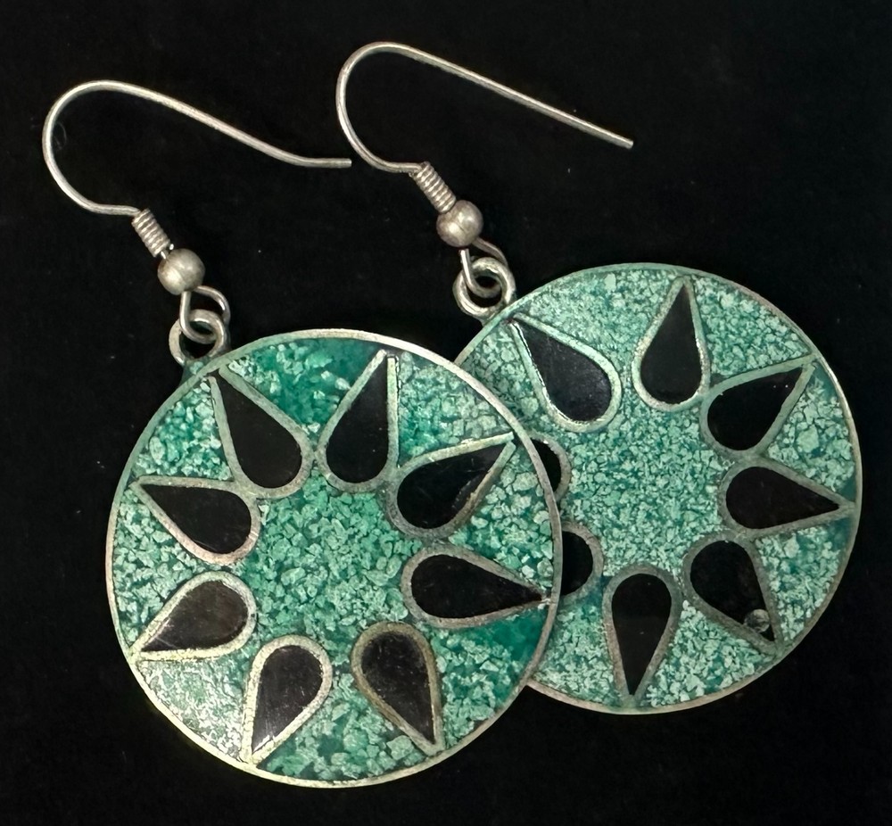 Signed ALPACA MEXICO Floral Inlay Vintage Silver Tone Earrings Jewelry Lot I