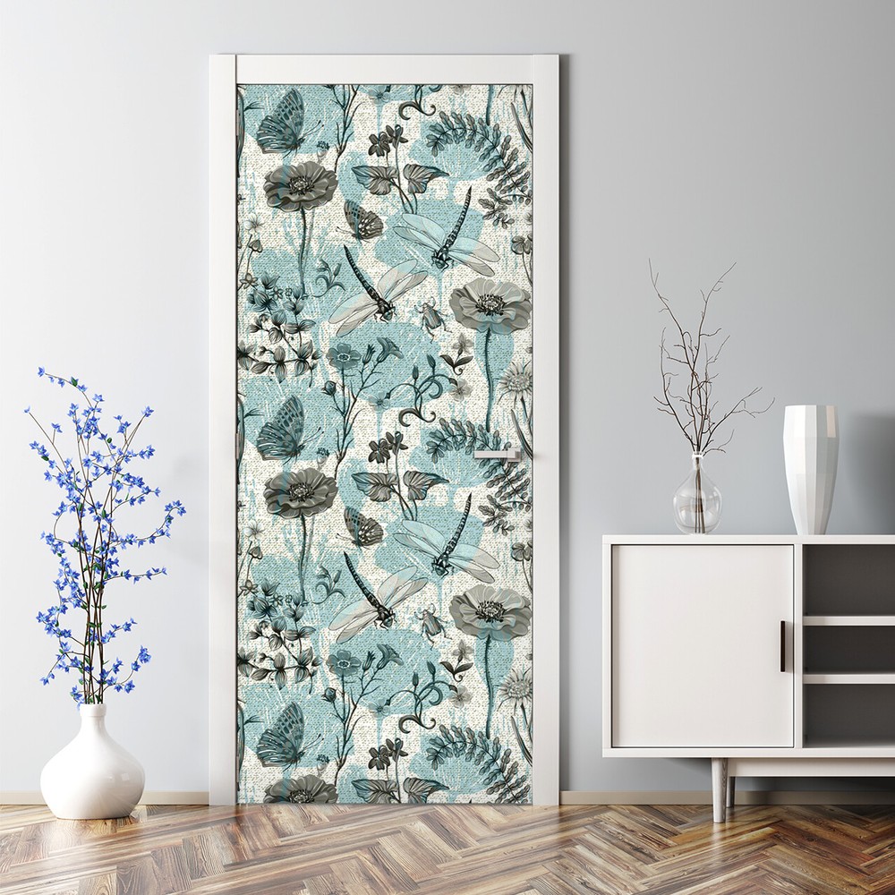 Botanical Insect Bubble-Free Door Sticker in Blue & Beige for Home Decor
