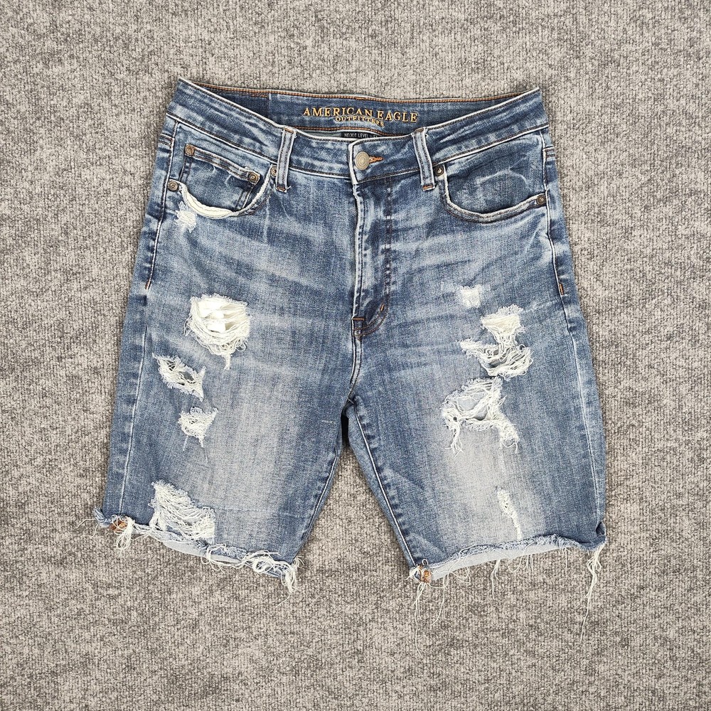American Eagle Outfitters Shorts Mens 33 Blue Distressed Denim Bermuda Stretch