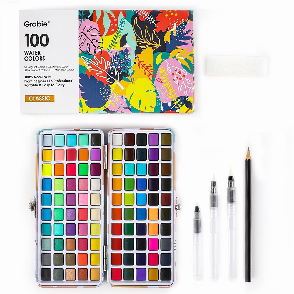 Grabie Watercolor Paint Set, 100 Colors, Watercolor Brush Pen And Tools Included