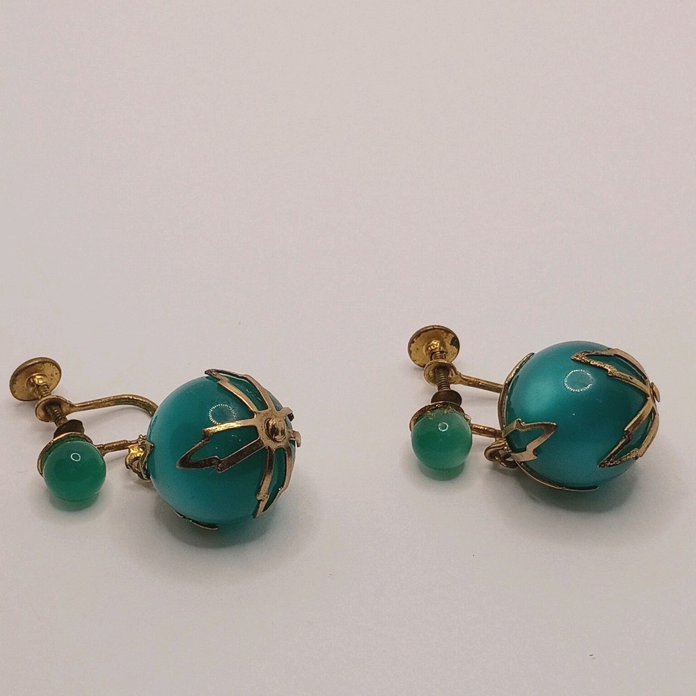 Vintage Teal & Green Moon Glow Dangle Earrings Gold Tone Screw Back READ